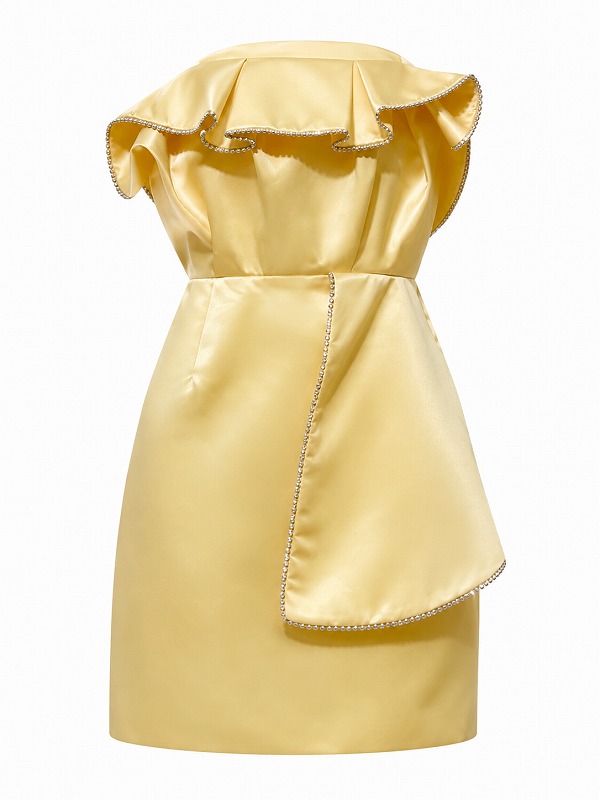 【新品DRESS 3020】ラインストーンフリルサイドペプラムタイトミニドレス イエロー【Cinqrue】